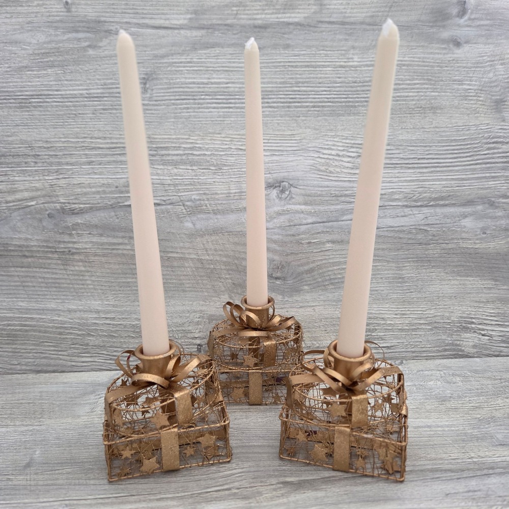 Taper Candle Holders Gold Gift Box Star Wire Mesh Set of 3 Christmas Holiday